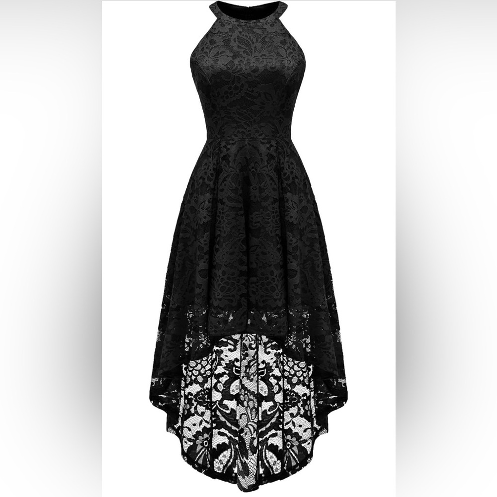 Hi-Low Black Lace Halter Dress
